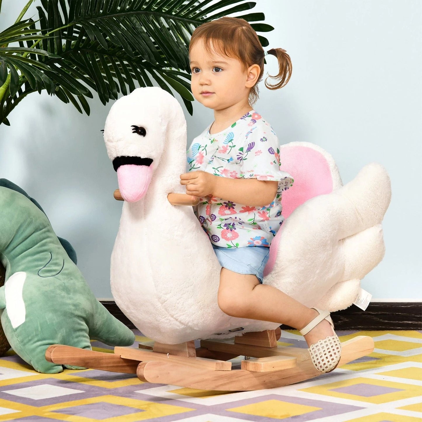 Qaba Plush Kids RideOn Toy  Swan Style Rocking Horse With Music  Soft Fabric  Animal Rocker Seat Gi 9