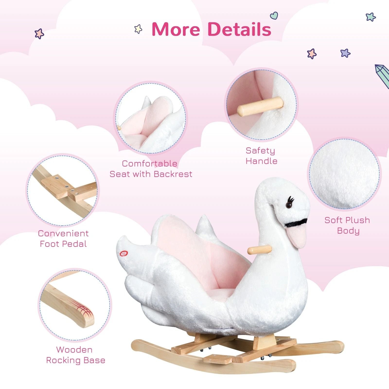 Qaba Plush Kids RideOn Toy  Swan Style Rocking Horse With Music  Soft Fabric  Animal Rocker Seat Gi 1