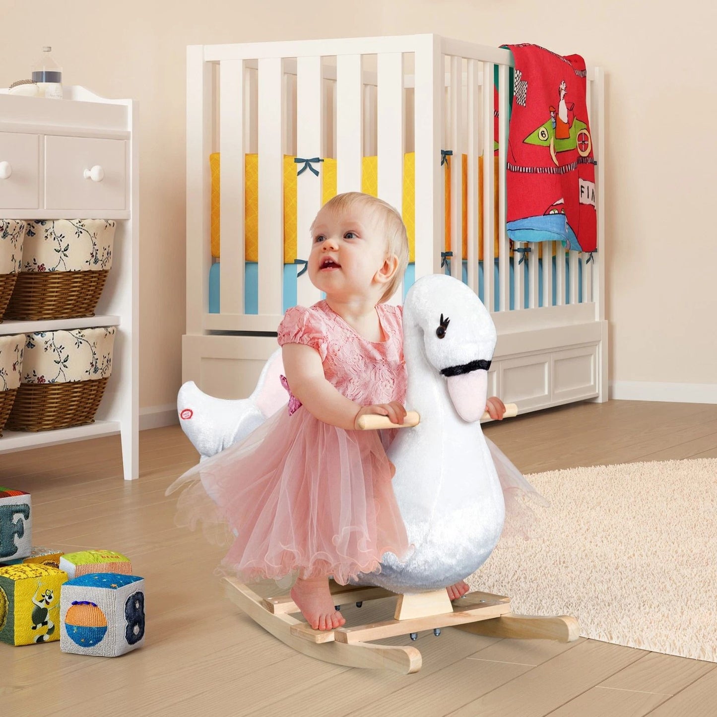 Qaba Plush Kids RideOn Toy  Swan Style Rocking Horse With Music  Soft Fabric  Animal Rocker Seat Gi 3
