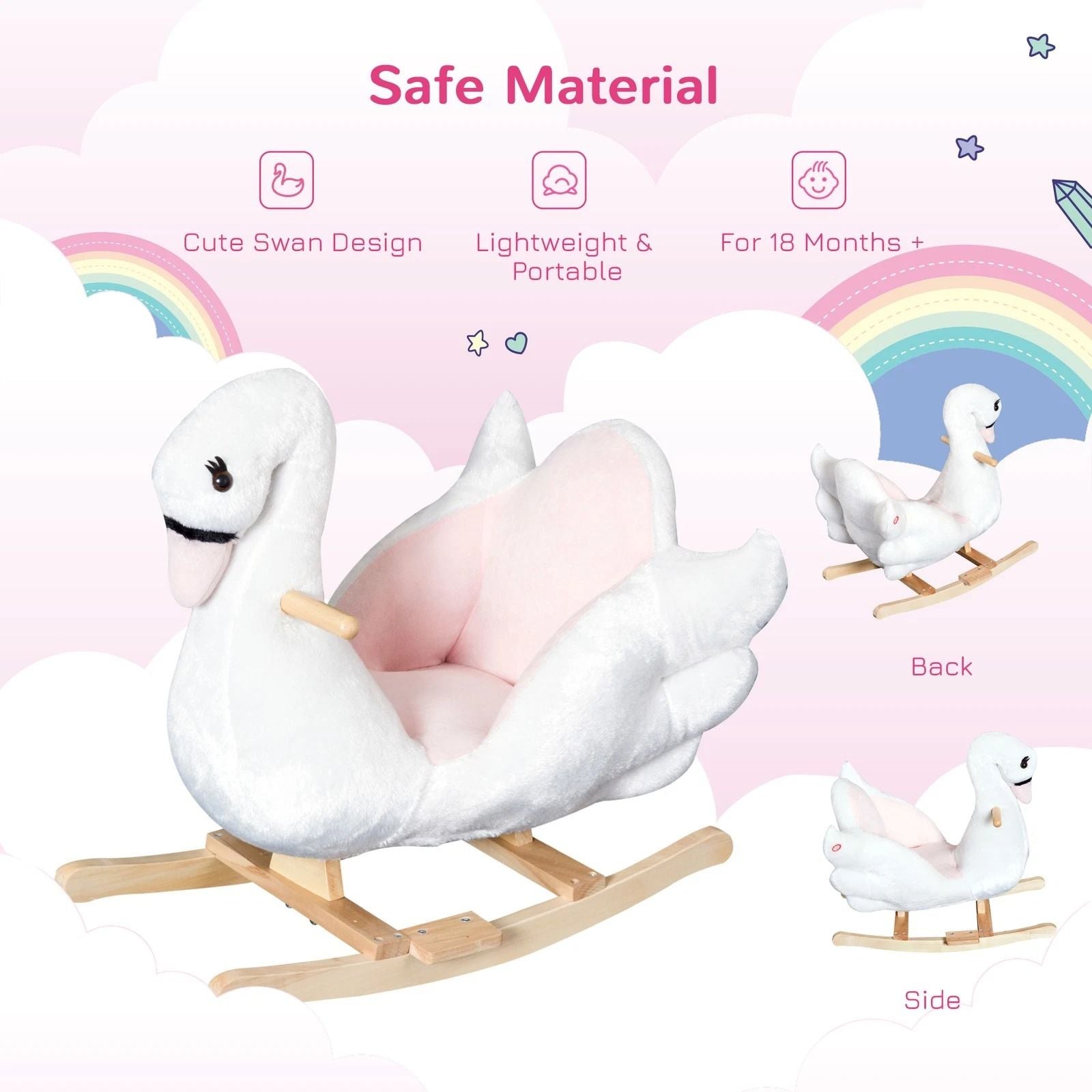 Qaba Plush Kids RideOn Toy  Swan Style Rocking Horse With Music  Soft Fabric  Animal Rocker Seat Gi 4