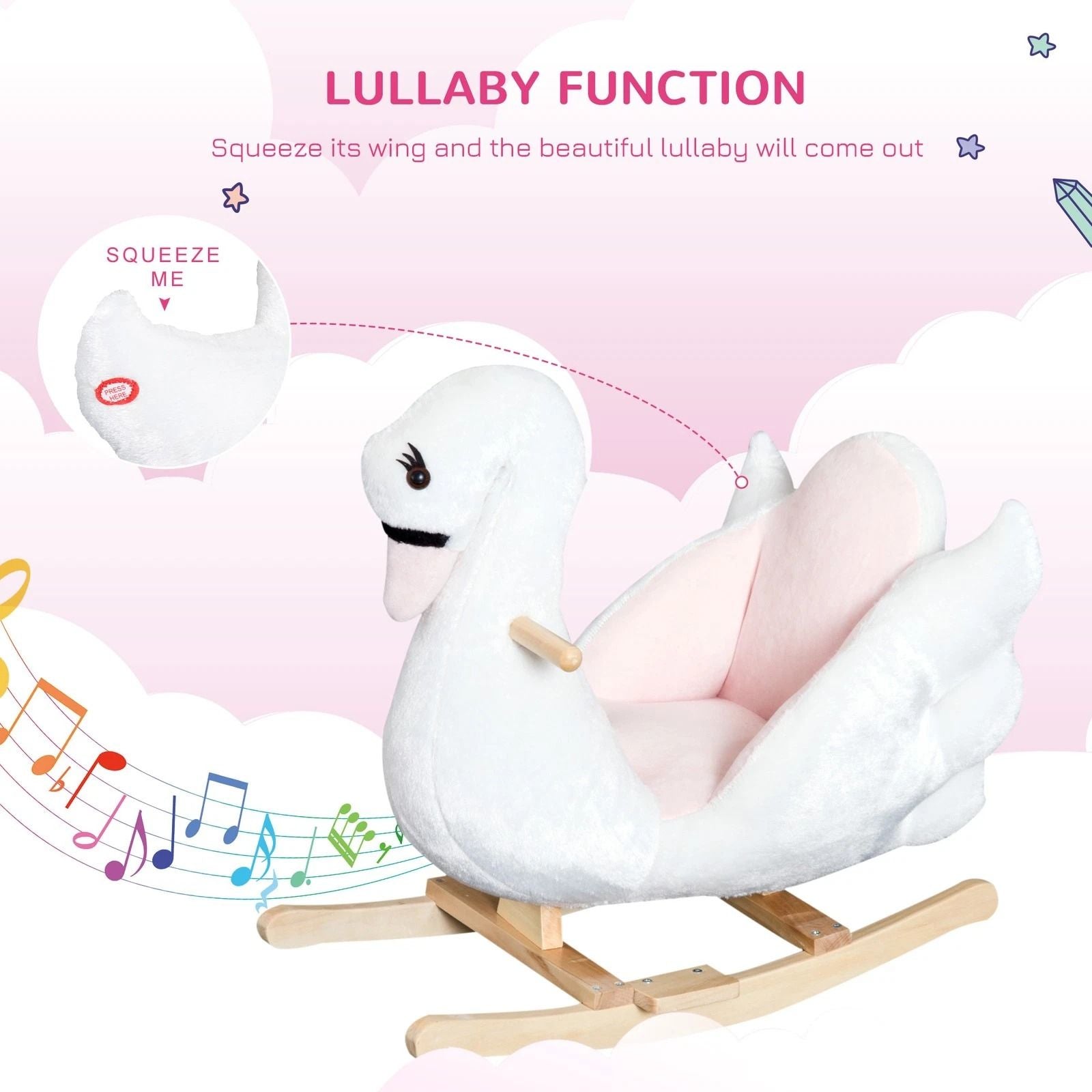 Qaba Plush Kids RideOn Toy  Swan Style Rocking Horse With Music  Soft Fabric  Animal Rocker Seat Gi 5