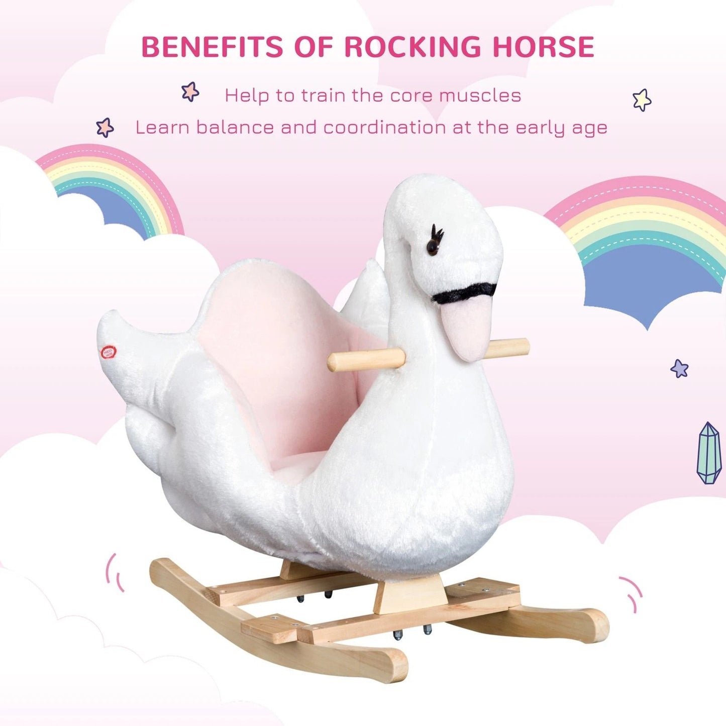 Qaba Plush Kids RideOn Toy  Swan Style Rocking Horse With Music  Soft Fabric  Animal Rocker Seat Gi 7