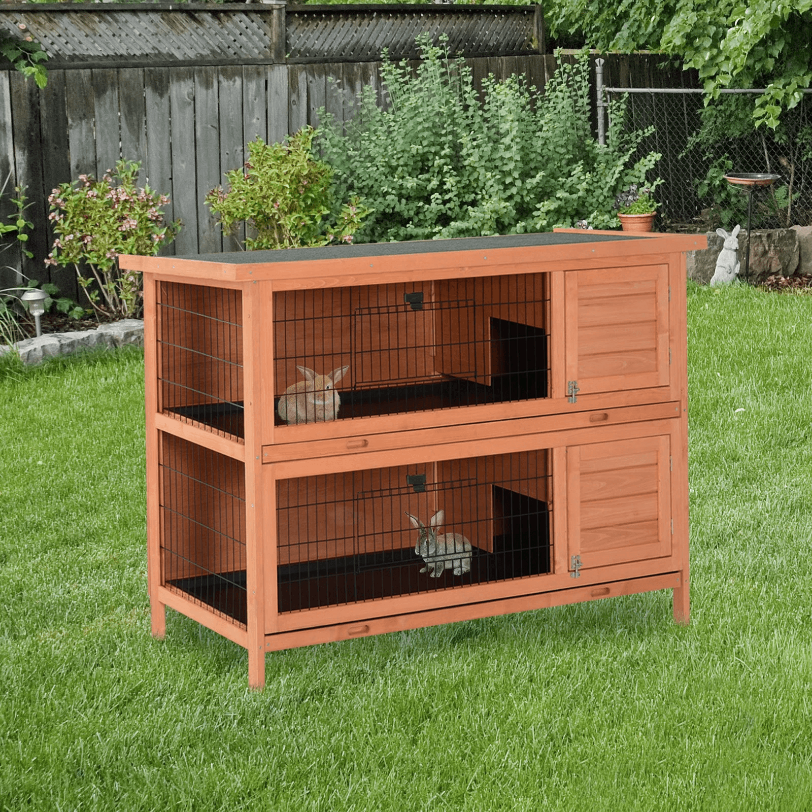 Bunny Hutch with Dividers Asphalt Roof for Small Animals Outdoors, 2 Level Orange Rabbit Hutch