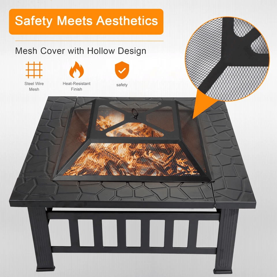 Outdoor Square Metal Firepit With Mesh Cover Patio  Garden Stove 1