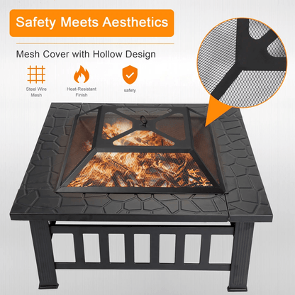 Outdoor Square Metal Firepit With Mesh Cover Patio  Garden Stove 1