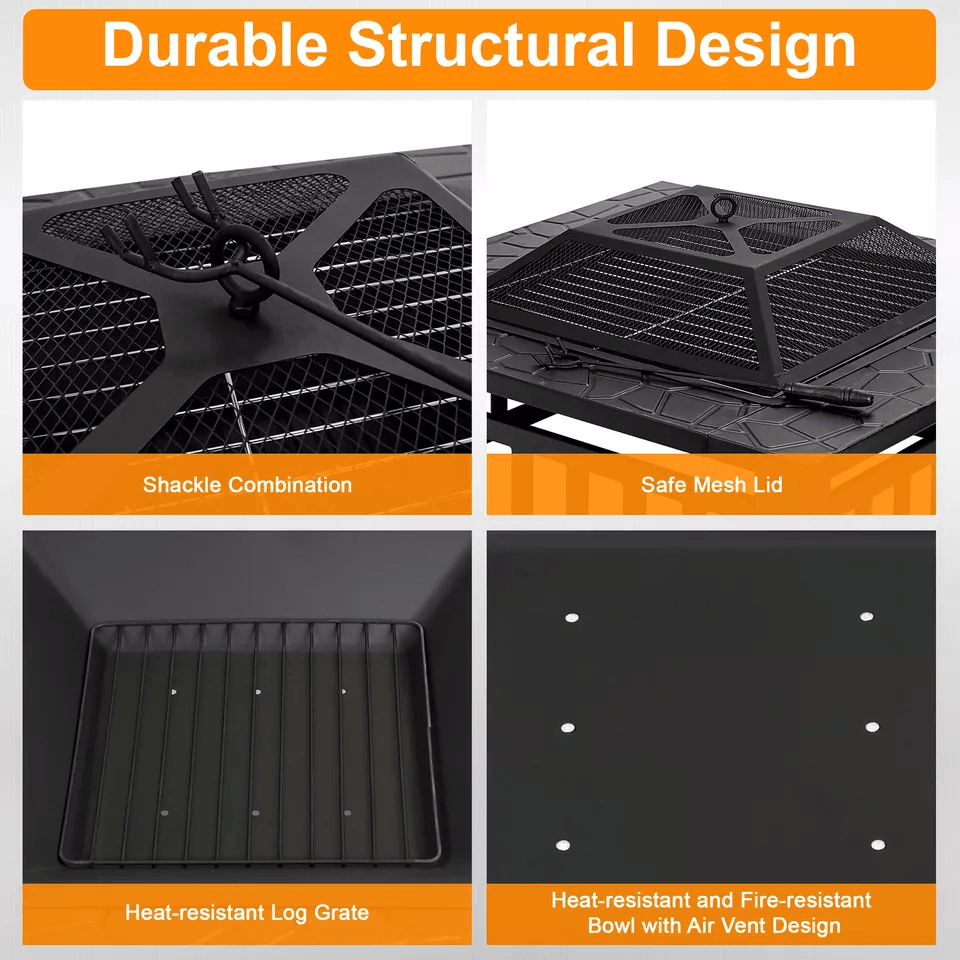 Outdoor Square Metal Firepit With Mesh Cover Patio  Garden Stove 4