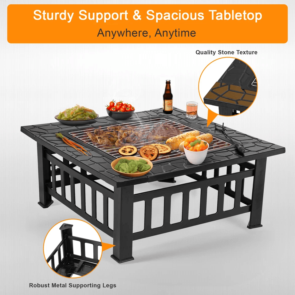 Outdoor Square Metal Firepit With Mesh Cover Patio  Garden Stove 2