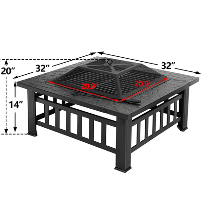 Outdoor Square Metal Firepit With Mesh Cover Patio  Garden Stove 5