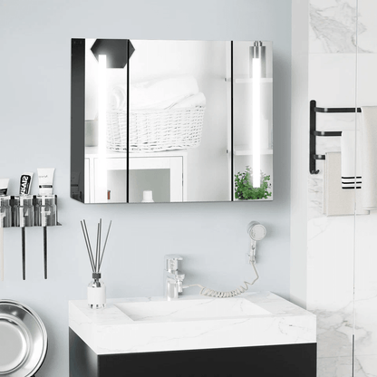 LED Medicine Cabinet WallMounted Bathroom Mirror With Doors High Gloss Black Storage Vanity Modern  8