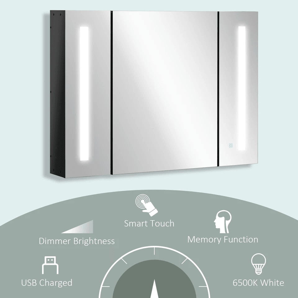 LED Medicine Cabinet WallMounted Bathroom Mirror With Doors High Gloss Black Storage Vanity Modern  3