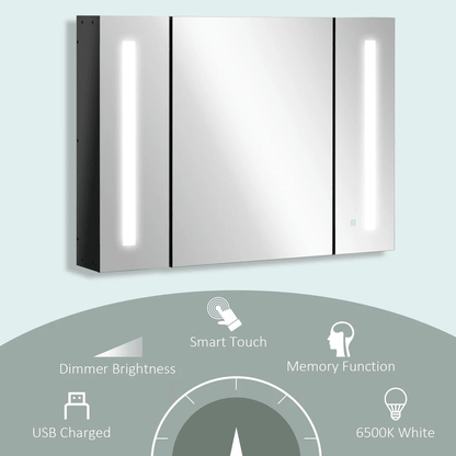 LED Medicine Cabinet WallMounted Bathroom Mirror With Doors High Gloss Black Storage Vanity Modern  3