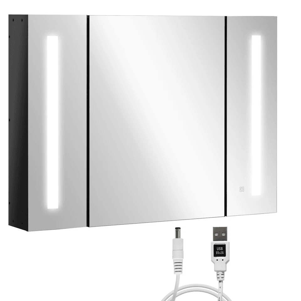 LED Medicine Cabinet WallMounted Bathroom Mirror With Doors High Gloss Black Storage Vanity Modern  9