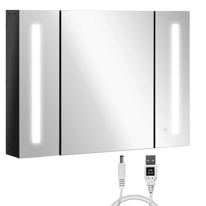 LED Medicine Cabinet WallMounted Bathroom Mirror With Doors High Gloss Black Storage Vanity Modern  9