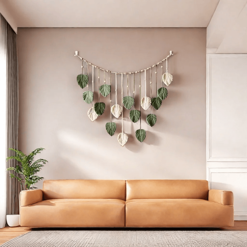 Boho Macrame Leaf Wall Hanging – Feather Tapestry Home Decor for Bedroom or Living Room