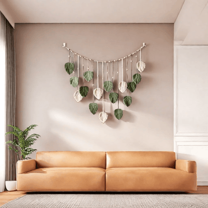 Boho Macrame Leaf Wall Hanging – Feather Tapestry Home Decor for Bedroom or Living Room