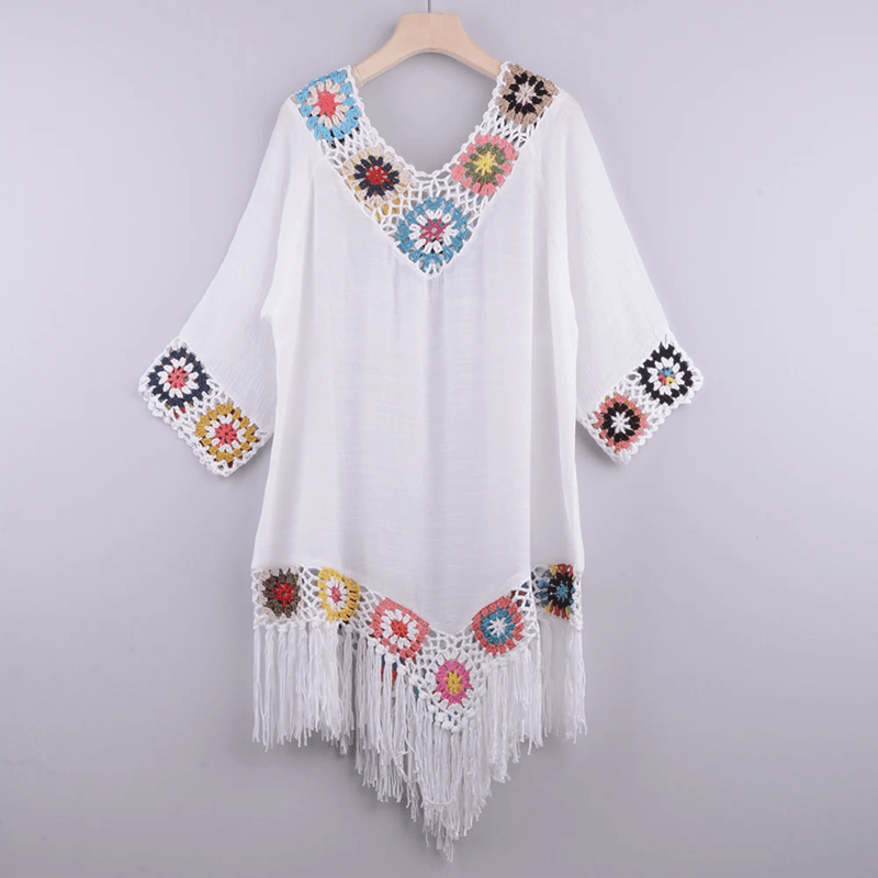 Crochet Bikini Cover Up Dress  White Fringe Tunic For Womens Beachwear 2