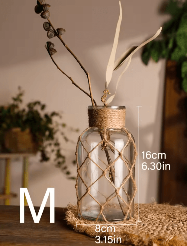 Boho Glass Vase With Woven Hemp Rope  Decorative Vase For Dried Flowers And Table Styling 4