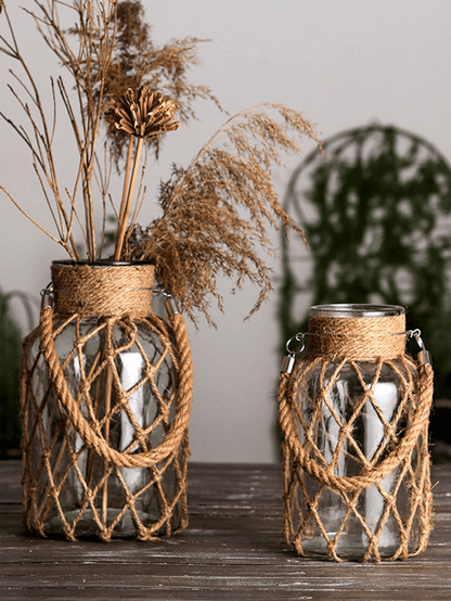 Boho Glass Vase with Woven Hemp Rope – Decorative Vase for Dried Flowers and Table Styling