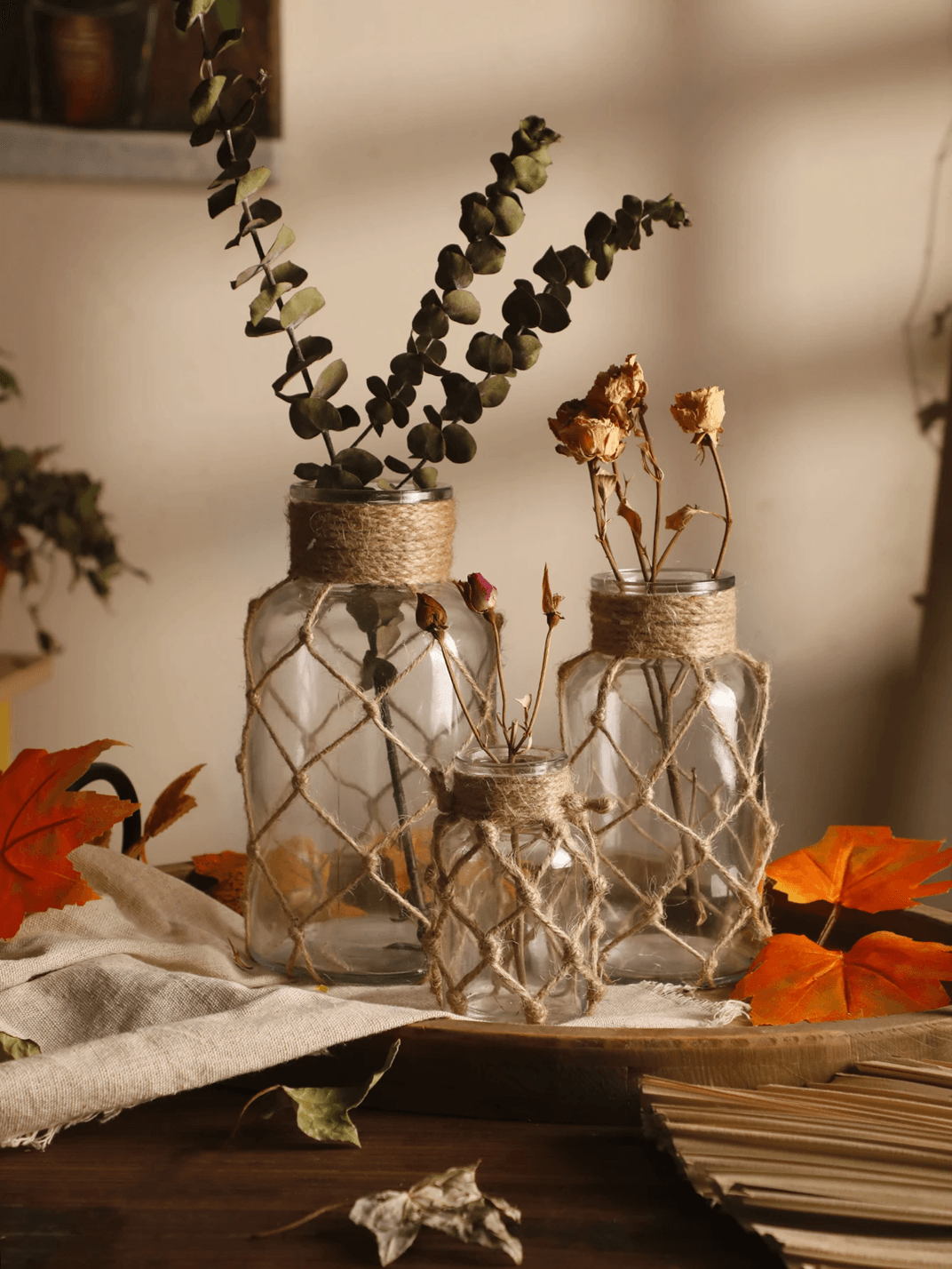 Boho Glass Vase With Woven Hemp Rope  Decorative Vase For Dried Flowers And Table Styling 2
