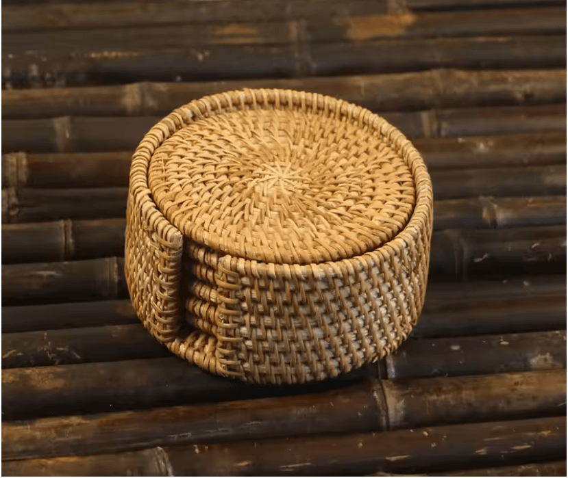 Handwoven Rattan Drink Coasters – Heat Resistant Round Table Mats for Cups, Mugs, and Tea Accessories