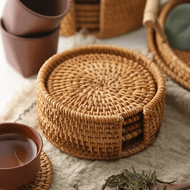Handwoven Rattan Drink Coasters  Heat Resistant Round Table Mats For Cups Mugs And Tea Accessories 1