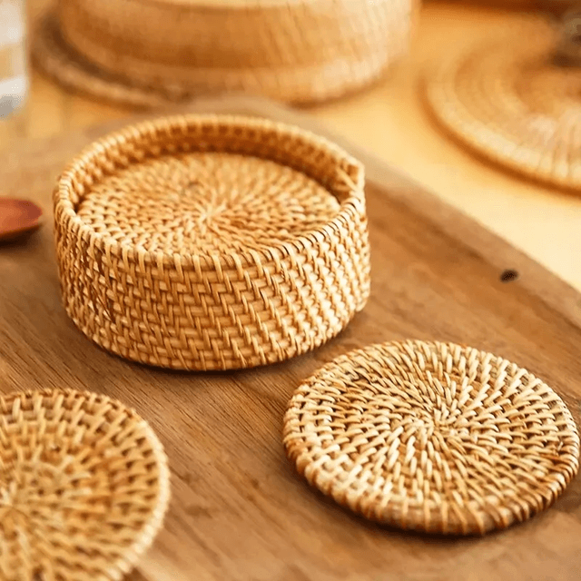 Handwoven Rattan Drink Coasters  Heat Resistant Round Table Mats For Cups Mugs And Tea Accessories 3