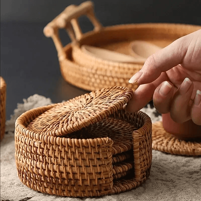 Handwoven Rattan Drink Coasters  Heat Resistant Round Table Mats For Cups Mugs And Tea Accessories 4