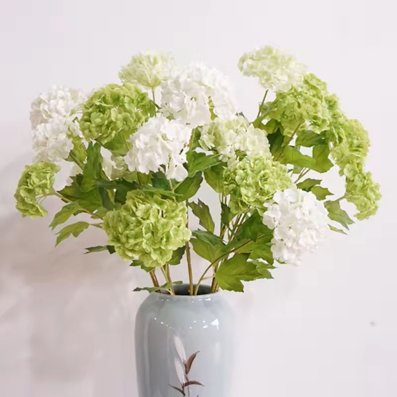Real Touch Hydrangea Flower Branch with Green Leaves for Home and Wedding Decor
