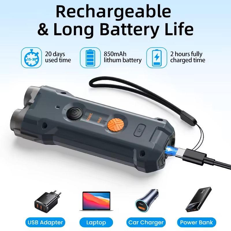 Ultrasonic Dog Repeller with LED Flashlight and Anti-Bark Alarm
