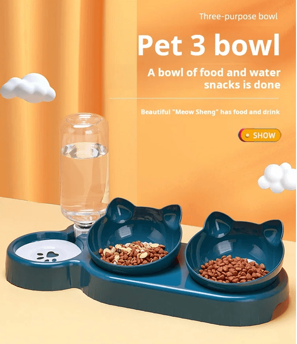 3 in 1 Tilted Cat Bowl Set with Gravity Water Feeder for Neck Comfort