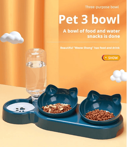 3 in 1 Tilted Cat Bowl Set with Gravity Water Feeder for Neck Comfort