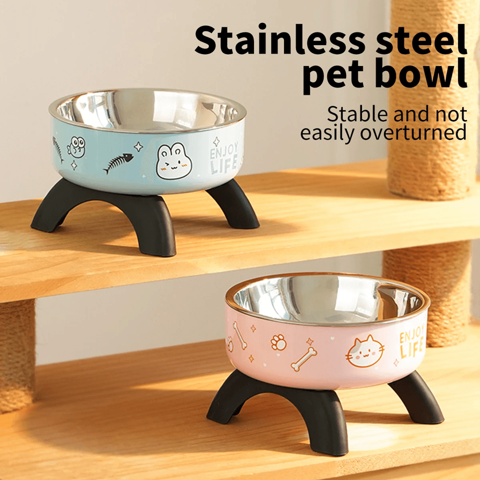 Elevated Stainless Steel Pet Bowl with Cute Print for Dogs and Cats