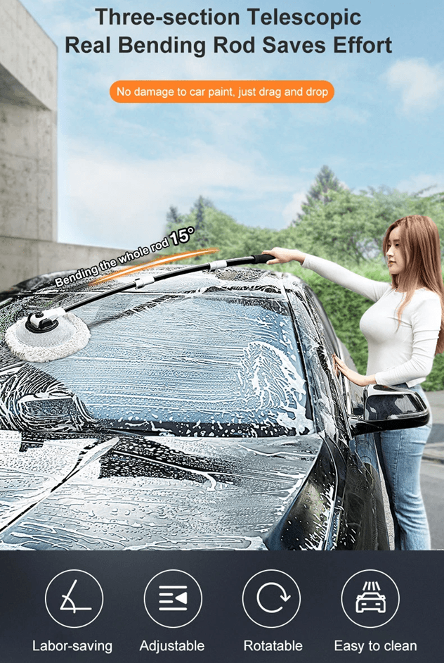 Telescopic Car Wash Brush with Chenille Head and 15 Degree Bend Handle