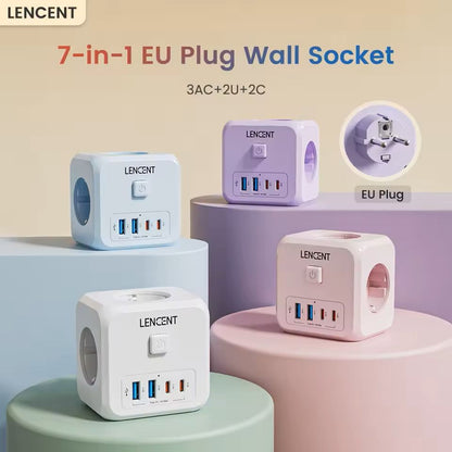 7-in-1 EU Plug Wall Socket Extender with USB-C and Switch Control