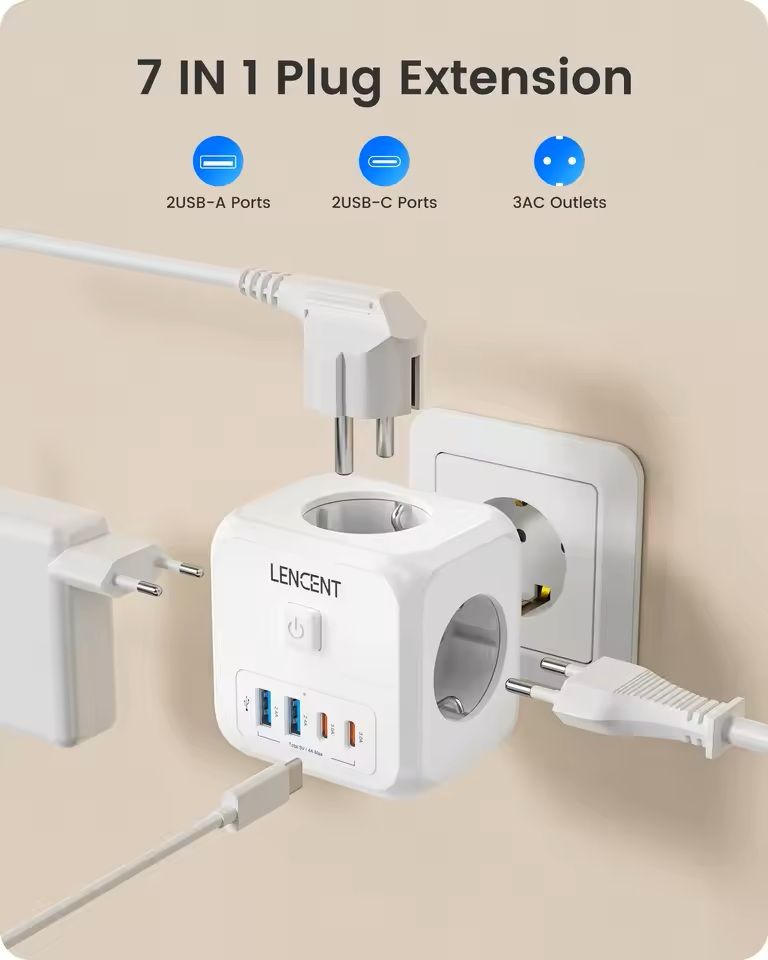 7in1 EU Plug Wall Socket Extender With USBC And Switch Control 1