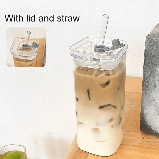 Square Heat Resistant Glass Coffee Cup With Lid And Straw 1