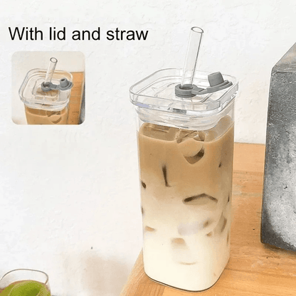 Square Heat Resistant Glass Coffee Cup With Lid And Straw 1