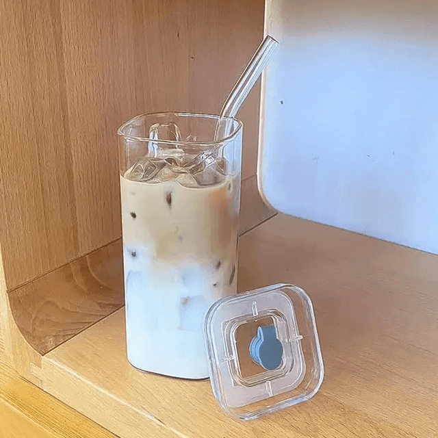 Square Heat Resistant Glass Coffee Cup With Lid And Straw 2