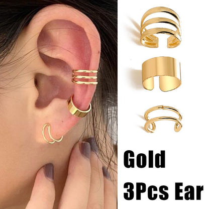Gold Silver Leaves Clip Earrings: Creative C Butterfly Non-Piercing Ear Cuff Set - Trendy Women's Jewelry