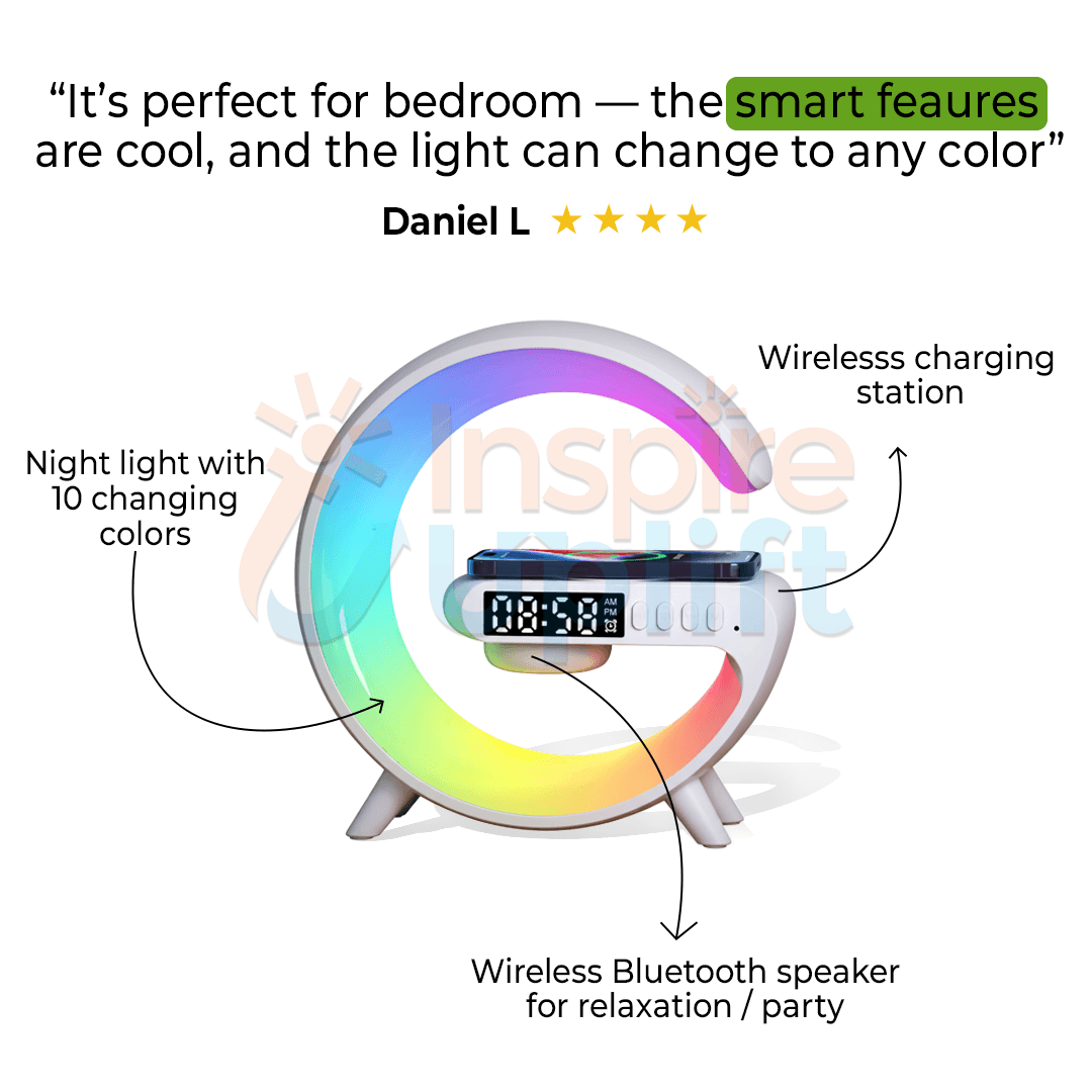 GShaped LED Smart Wake Up Light With RGB Night Light  Wireless Speaker  5in1 Charger  Alarm Clock 1