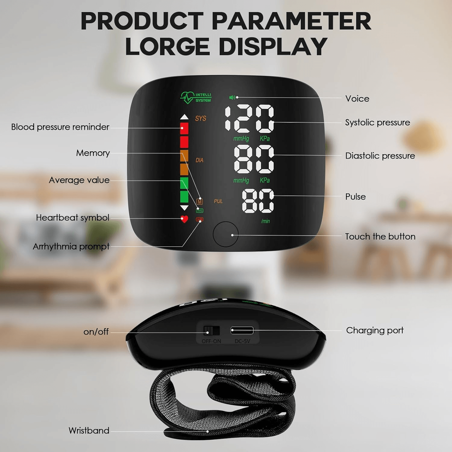 Rechargeable Wrist Blood Pressure Monitor Accurate Digital Tensiometer With Heart Rate  LED Display
