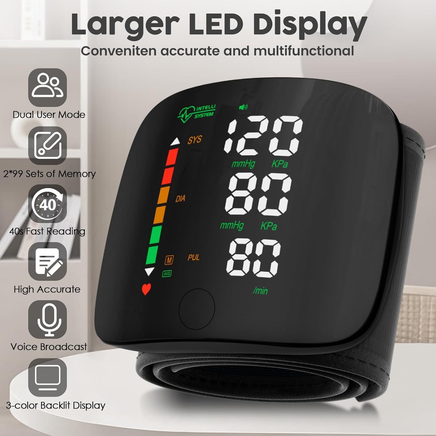 Rechargeable Wrist Blood Pressure Monitor Accurate Digital Tensiometer With Heart Rate  LED Display