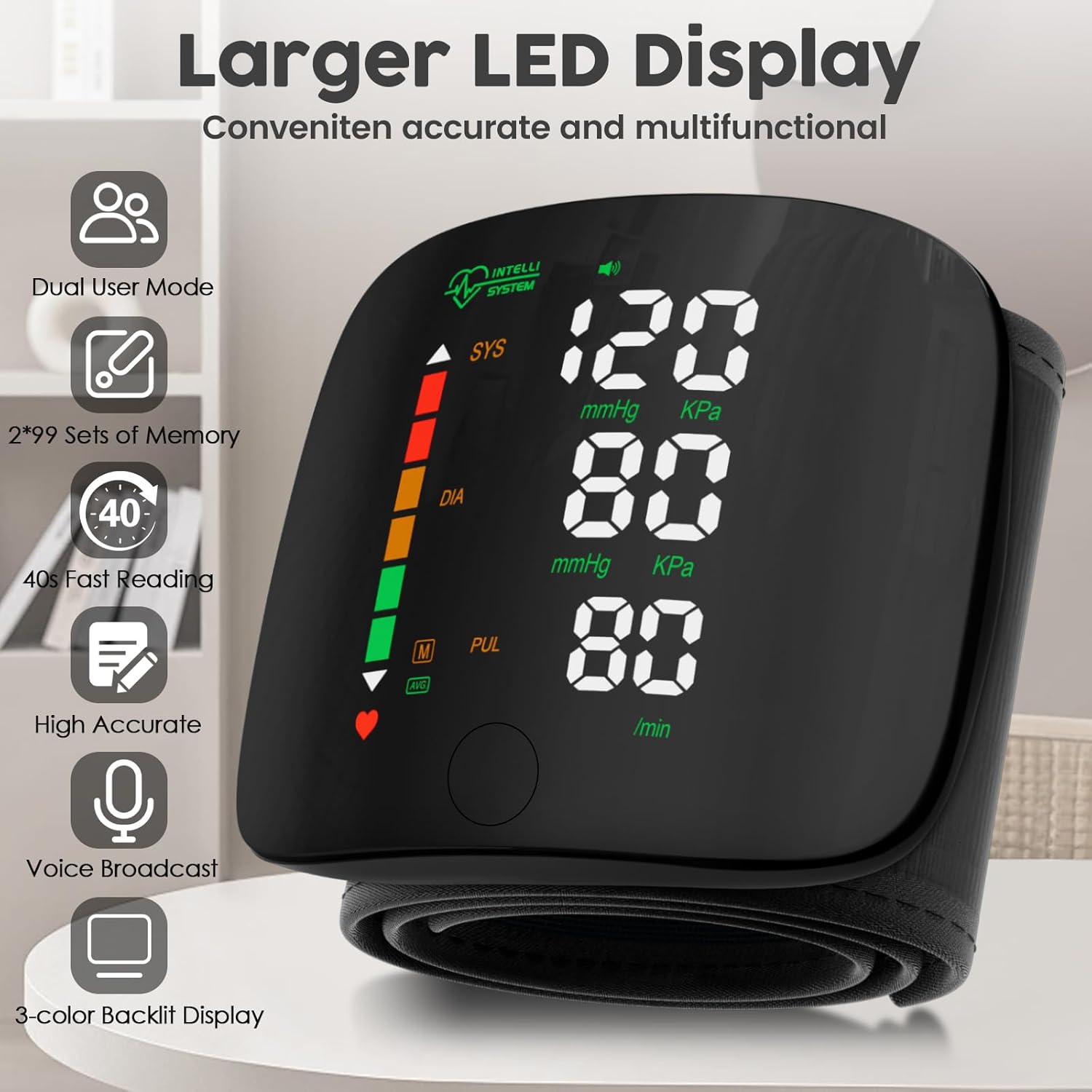 Rechargeable Wrist Blood Pressure Monitor Accurate Digital Tensiometer With Heart Rate  LED Display