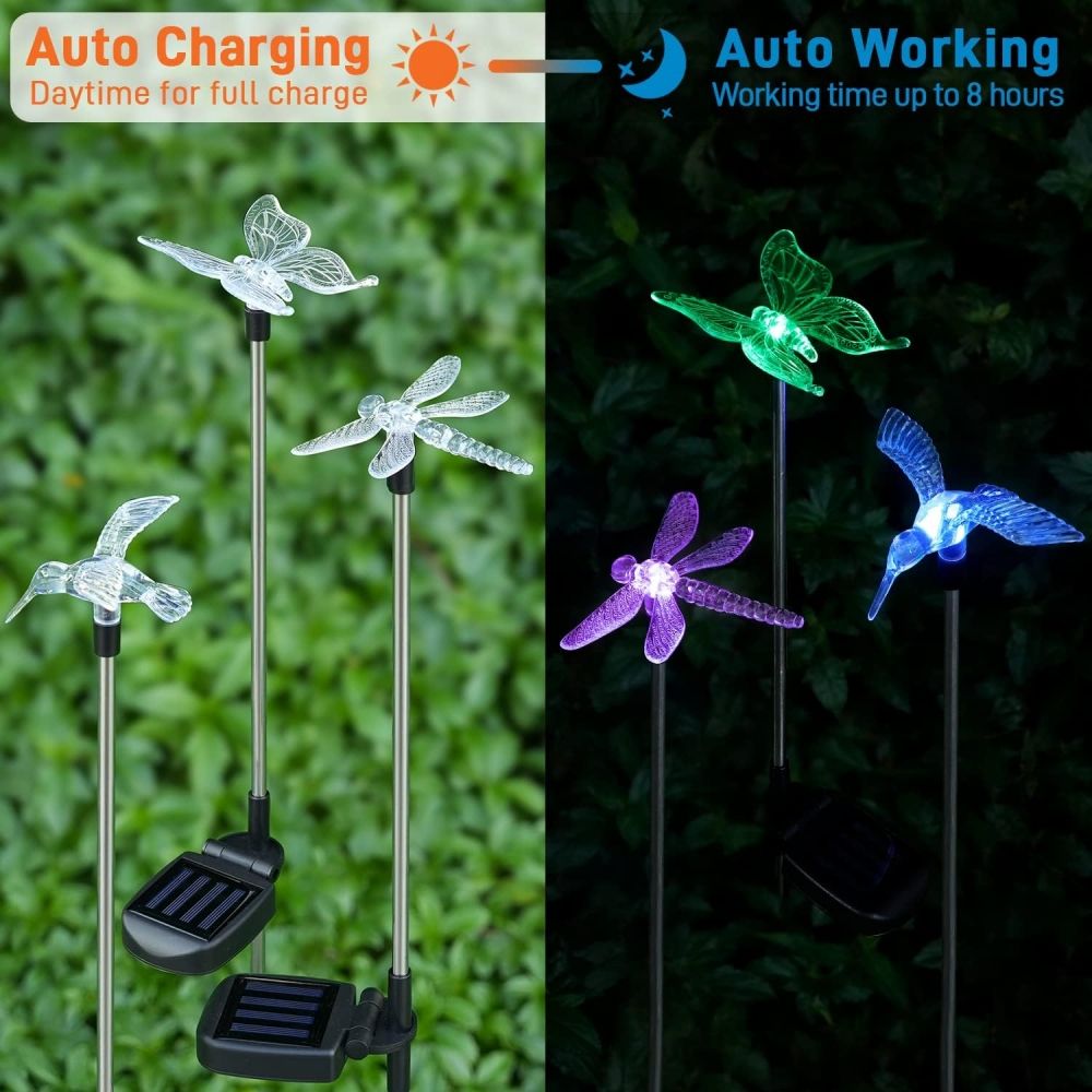 3Pack Solar Garden Lights  Butterfly Hummingbird  Dragonfly 30 High 3