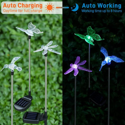 3Pack Solar Garden Lights  Butterfly Hummingbird  Dragonfly 30 High 3