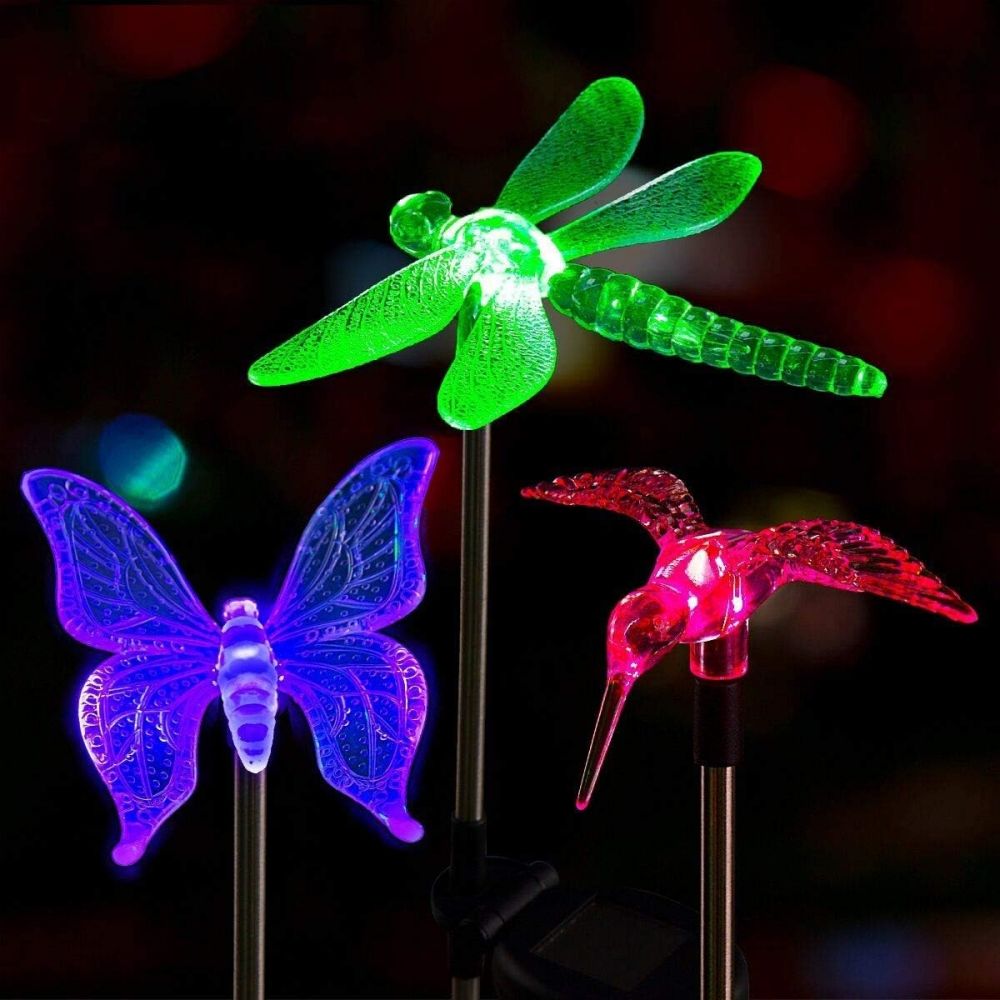 3Pack Solar Garden Lights  Butterfly Hummingbird  Dragonfly 30 High 4