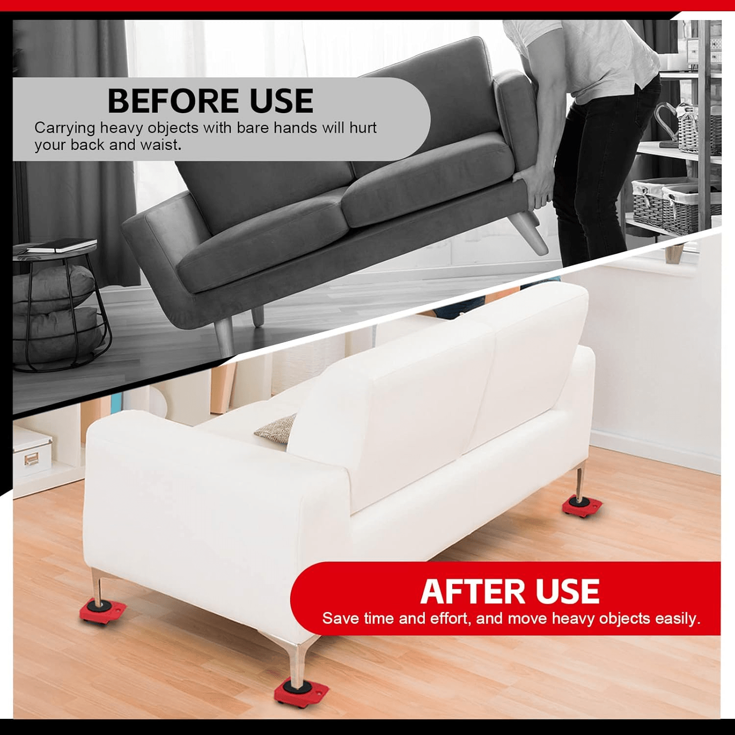 Heavy Duty Furniture Lifter with 4 Movable Wheels - High-Quality ABS Plastic & Steel, Red, Eliminates Back Pain