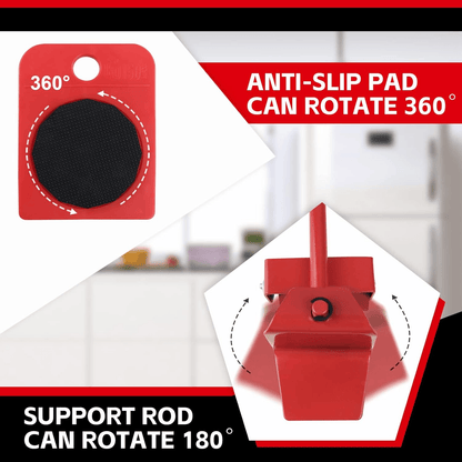 Heavy Duty Furniture Lifter with 4 Movable Wheels - High-Quality ABS Plastic & Steel, Red, Eliminates Back Pain