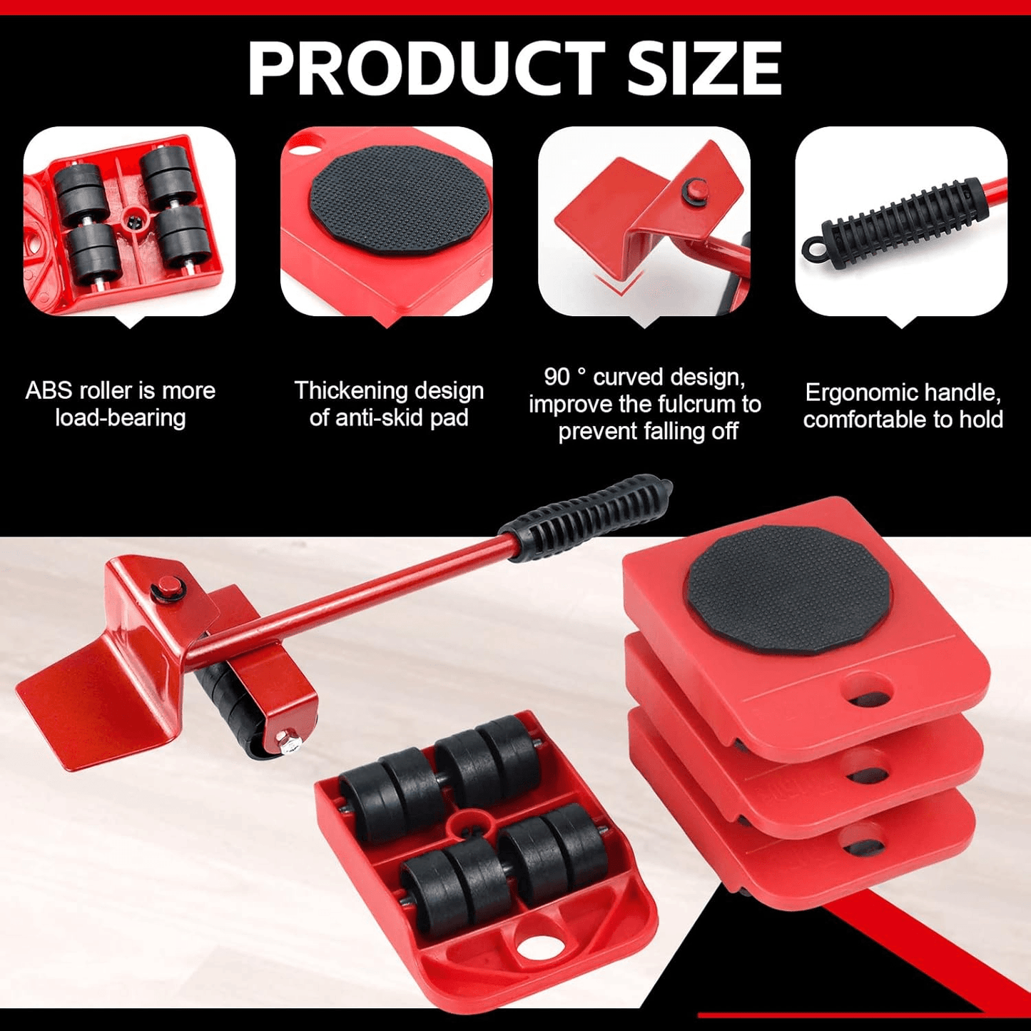 Heavy Duty Furniture Lifter with 4 Movable Wheels - High-Quality ABS Plastic & Steel, Red, Eliminates Back Pain