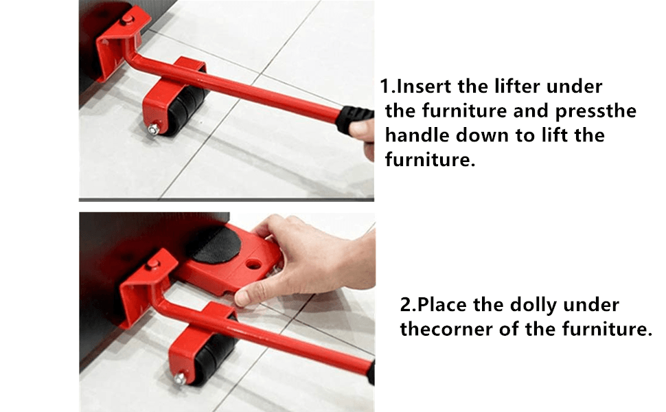 Heavy Duty Furniture Lifter with 4 Movable Wheels - High-Quality ABS Plastic & Steel, Red, Eliminates Back Pain
